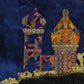 Thread painting of Byzantine architecture and moon 