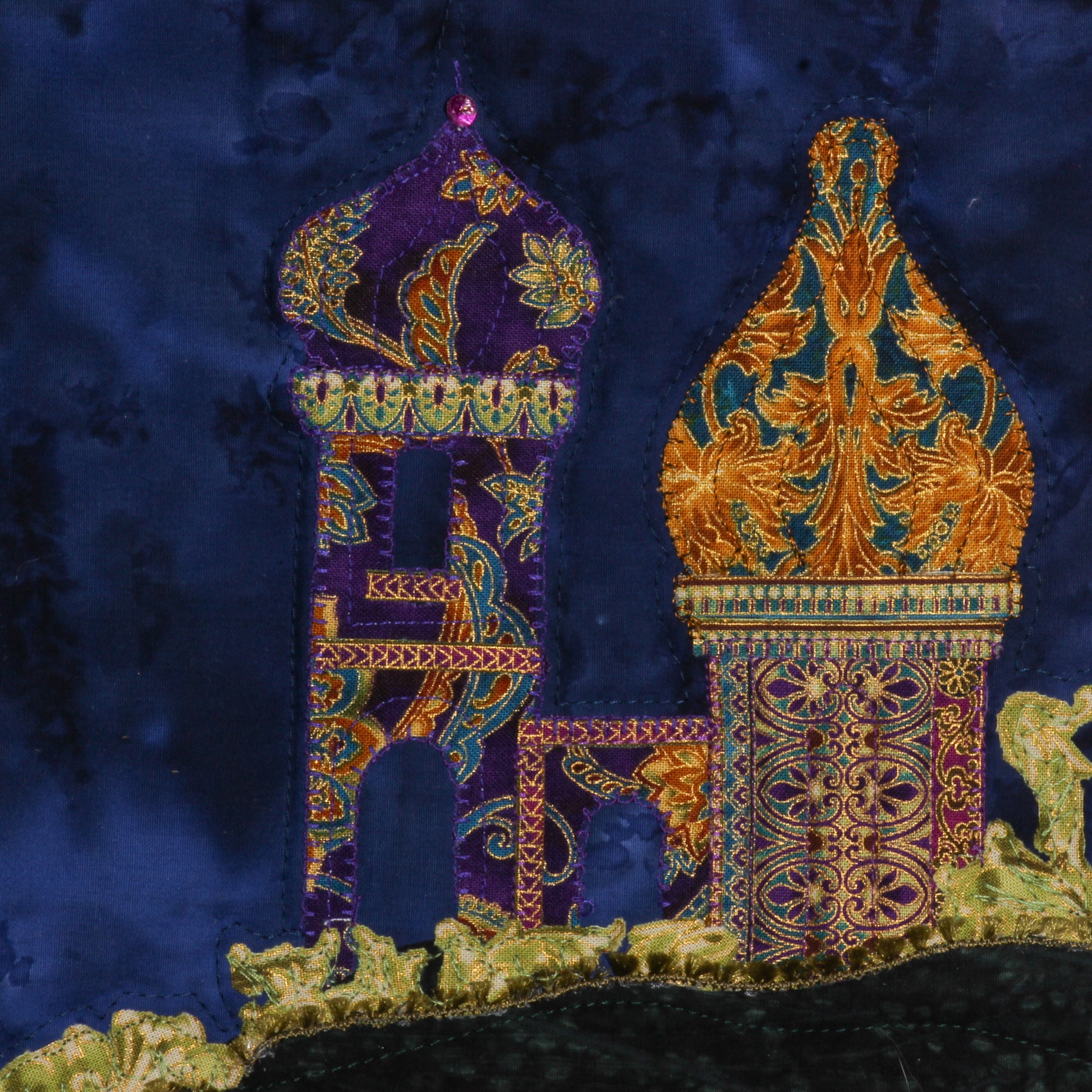 Thread painting of Byzantine architecture and moon 