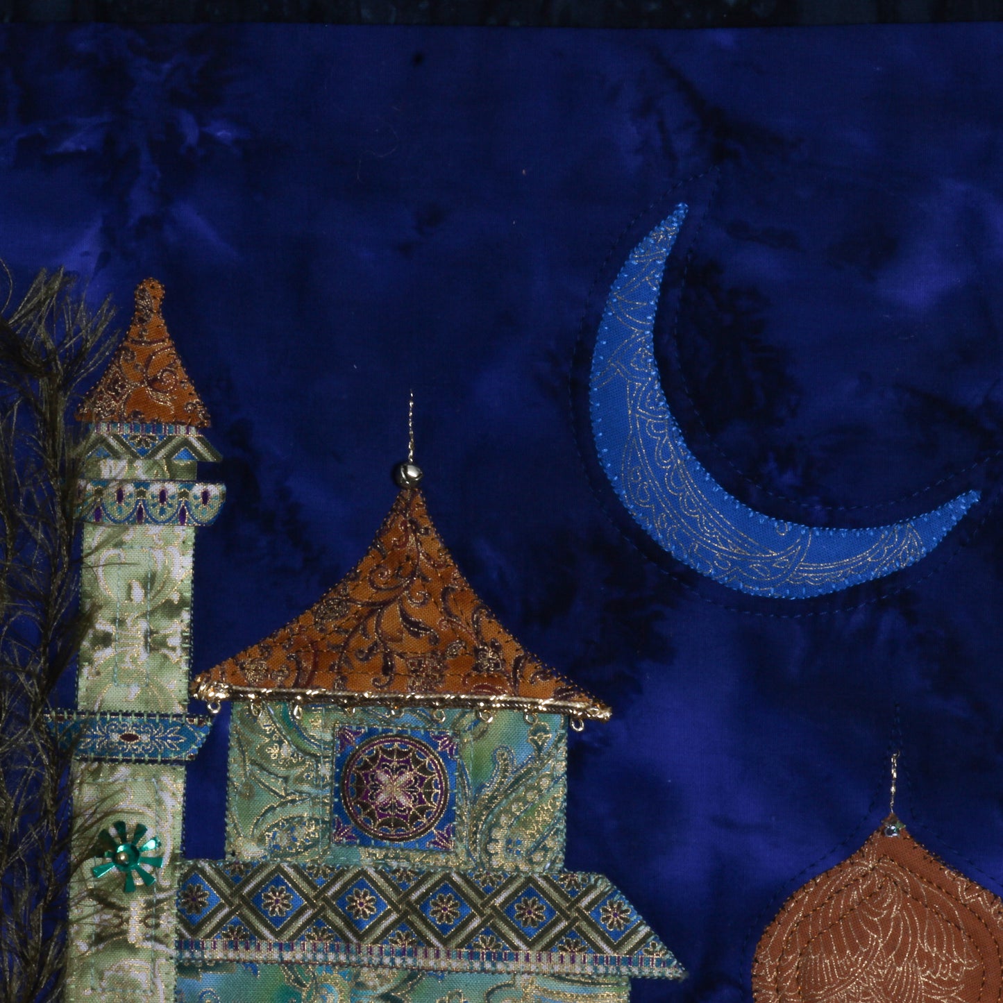 Thread painting of Byzantine architecture and moon 