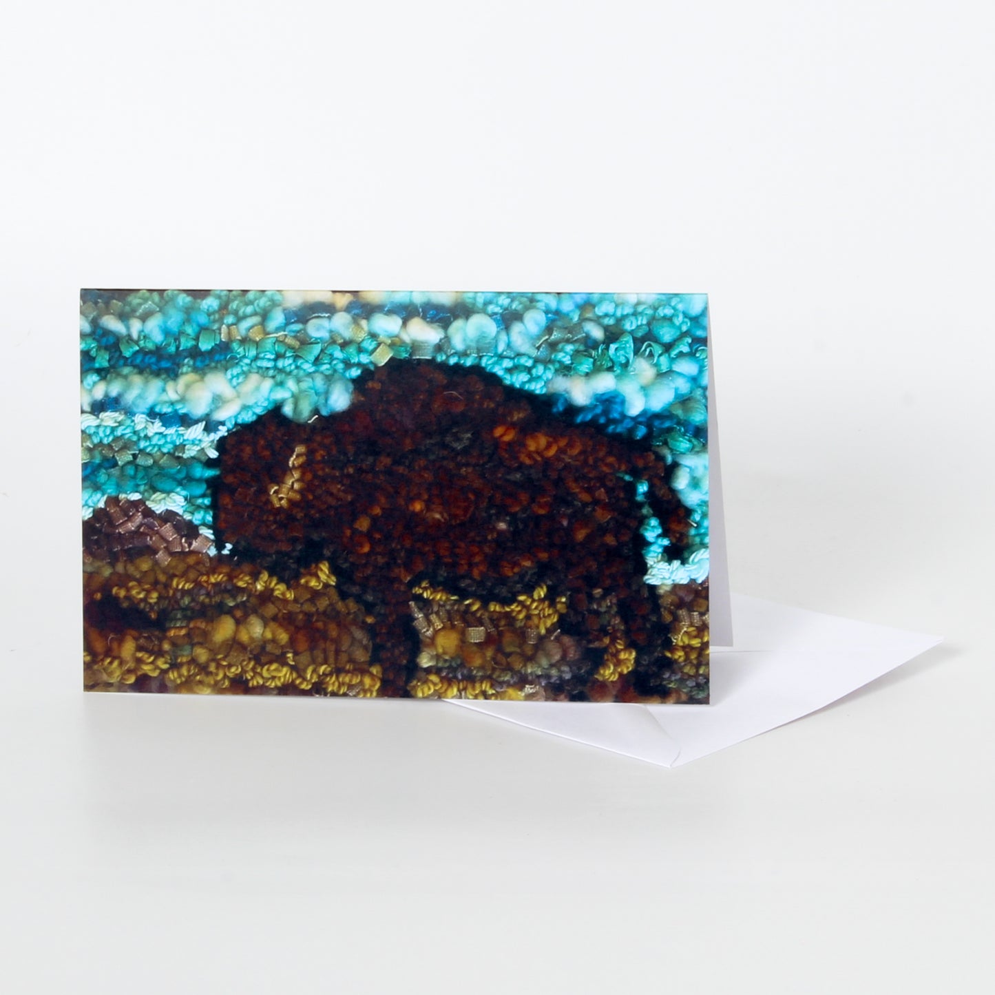 rug hooking art card of a bison 
