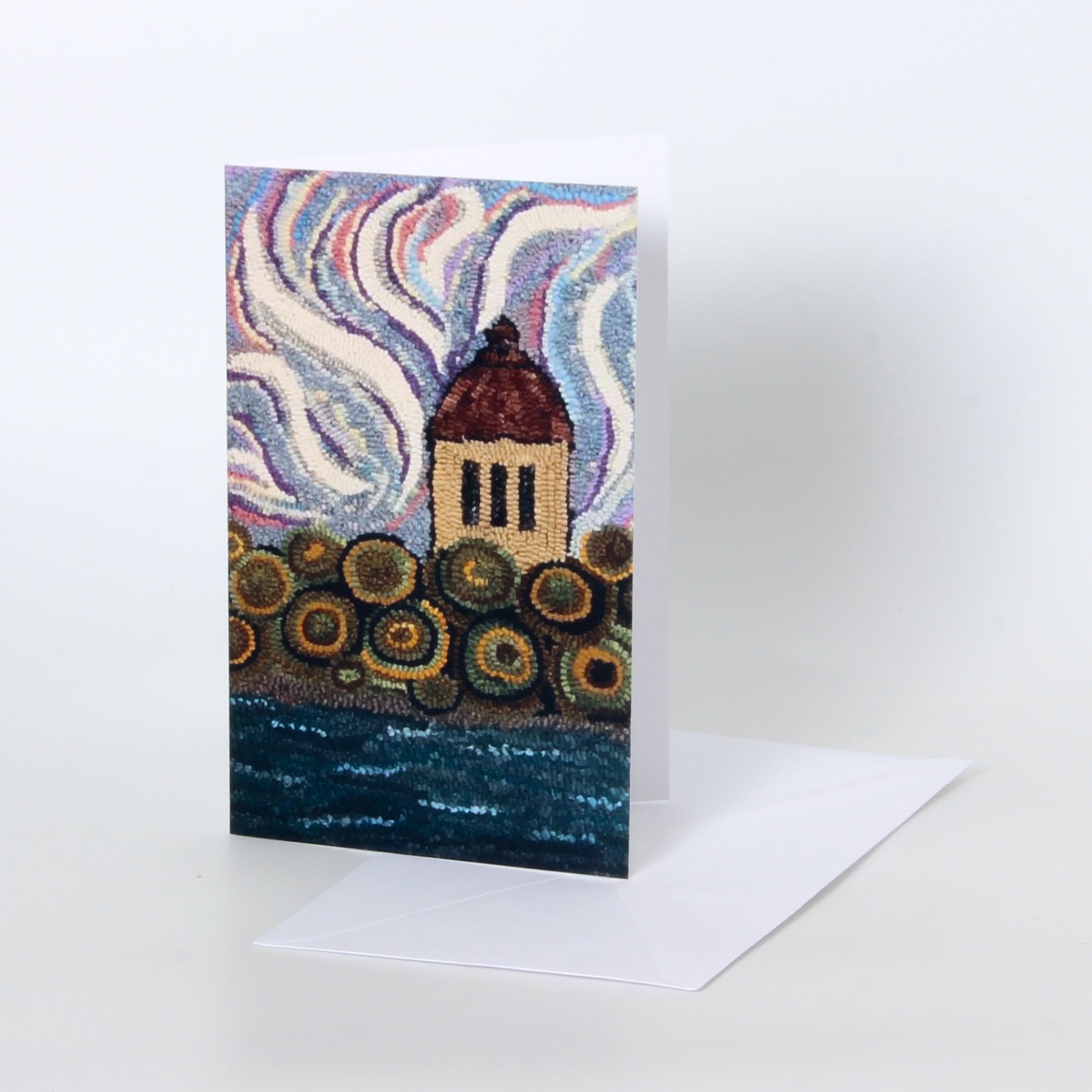 rug hooking card of a church 
