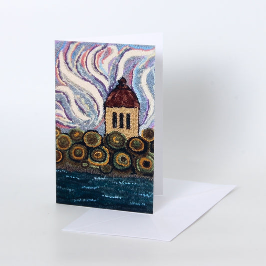 rug hooking card of a church 