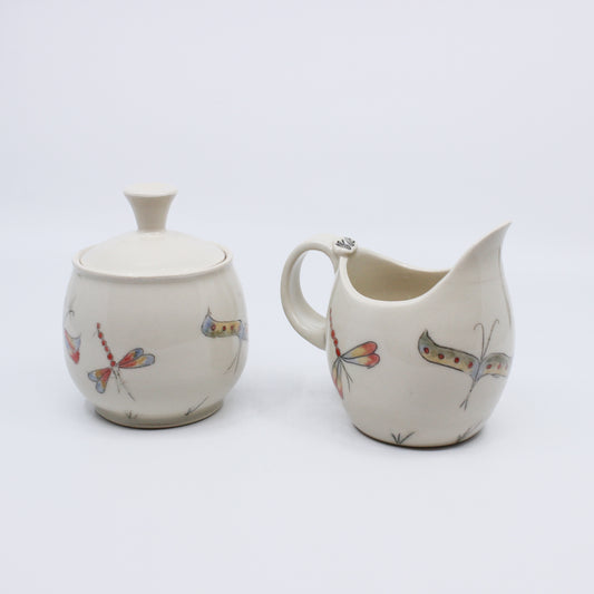 Set of creamer and sugar bowl with hand painted insects