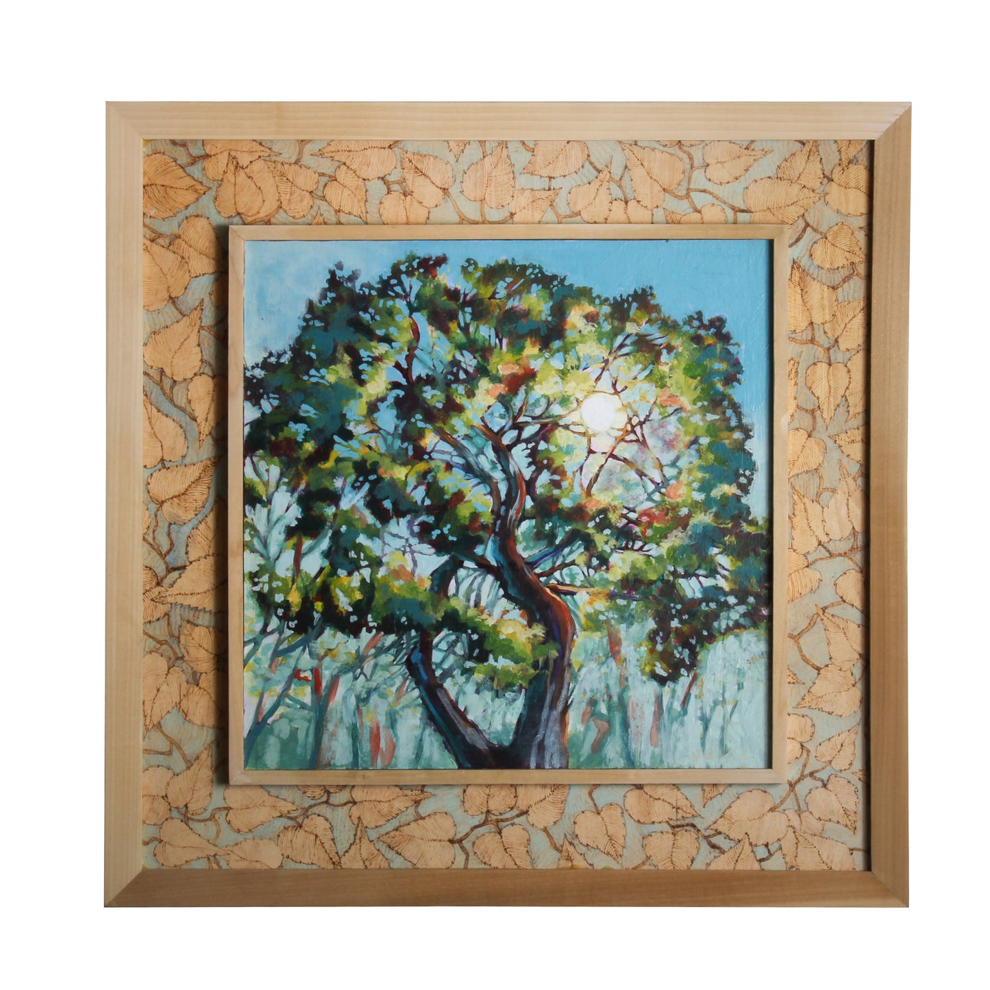 Acrylic painting of tree with sun coming through 