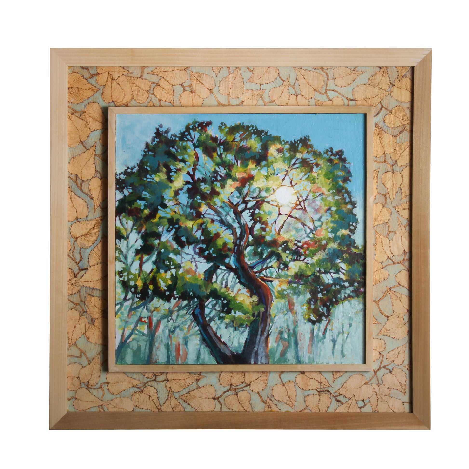 Acrylic painting of tree with sun coming through 