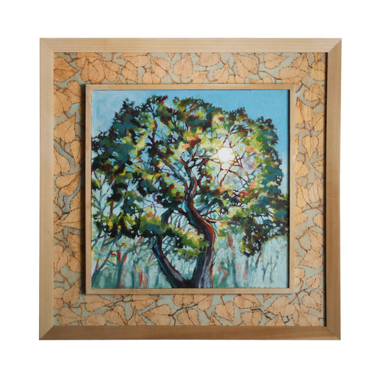 Acrylic painting of tree with sun coming through 