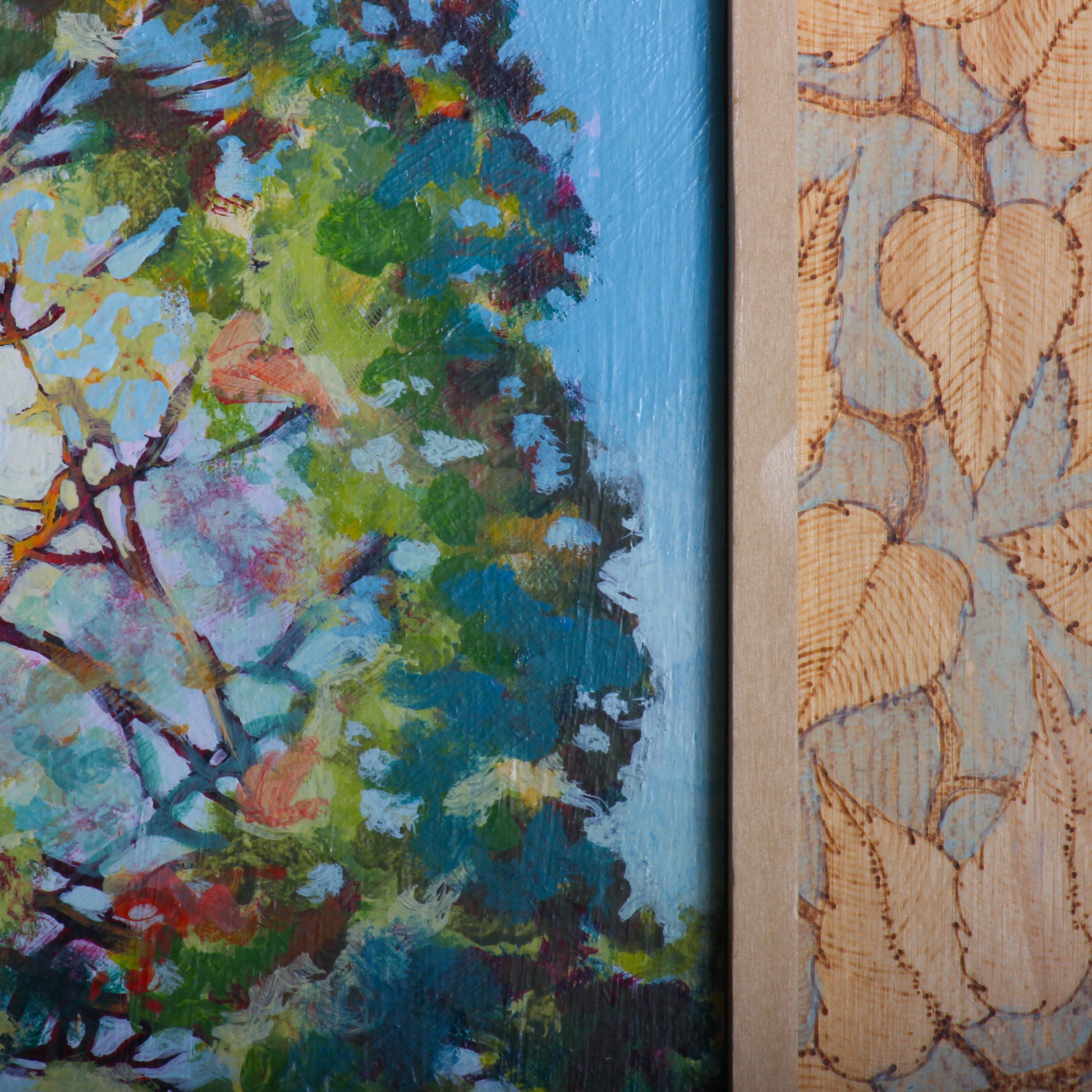 detail of acrylic painting and pyrography 