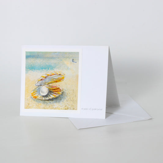 Greeting card of pearl in oyster 