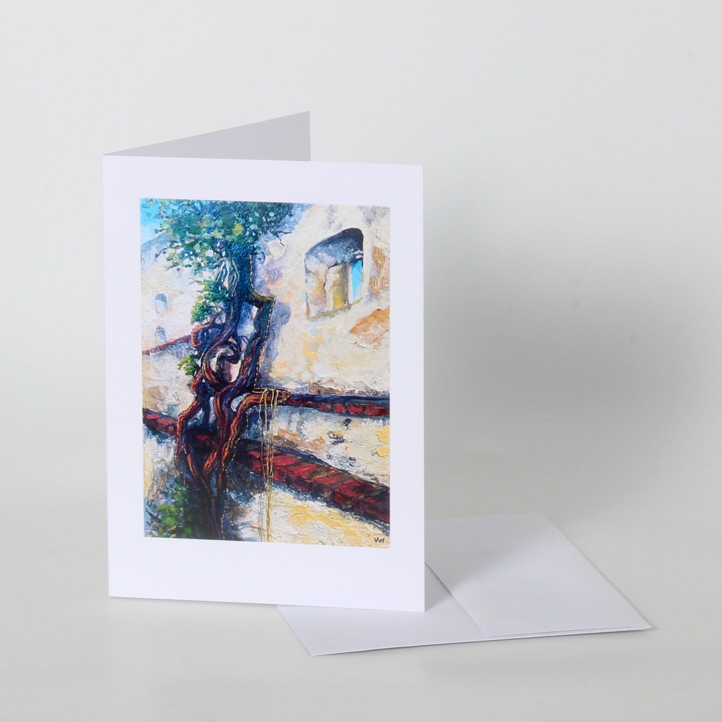art card of tree roots on wall 