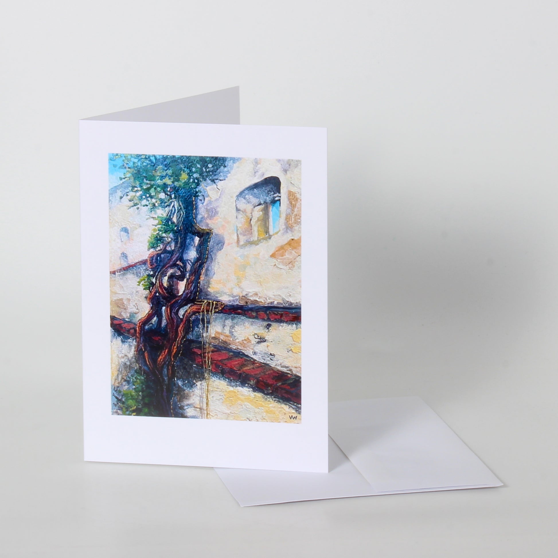art card of tree roots on wall 