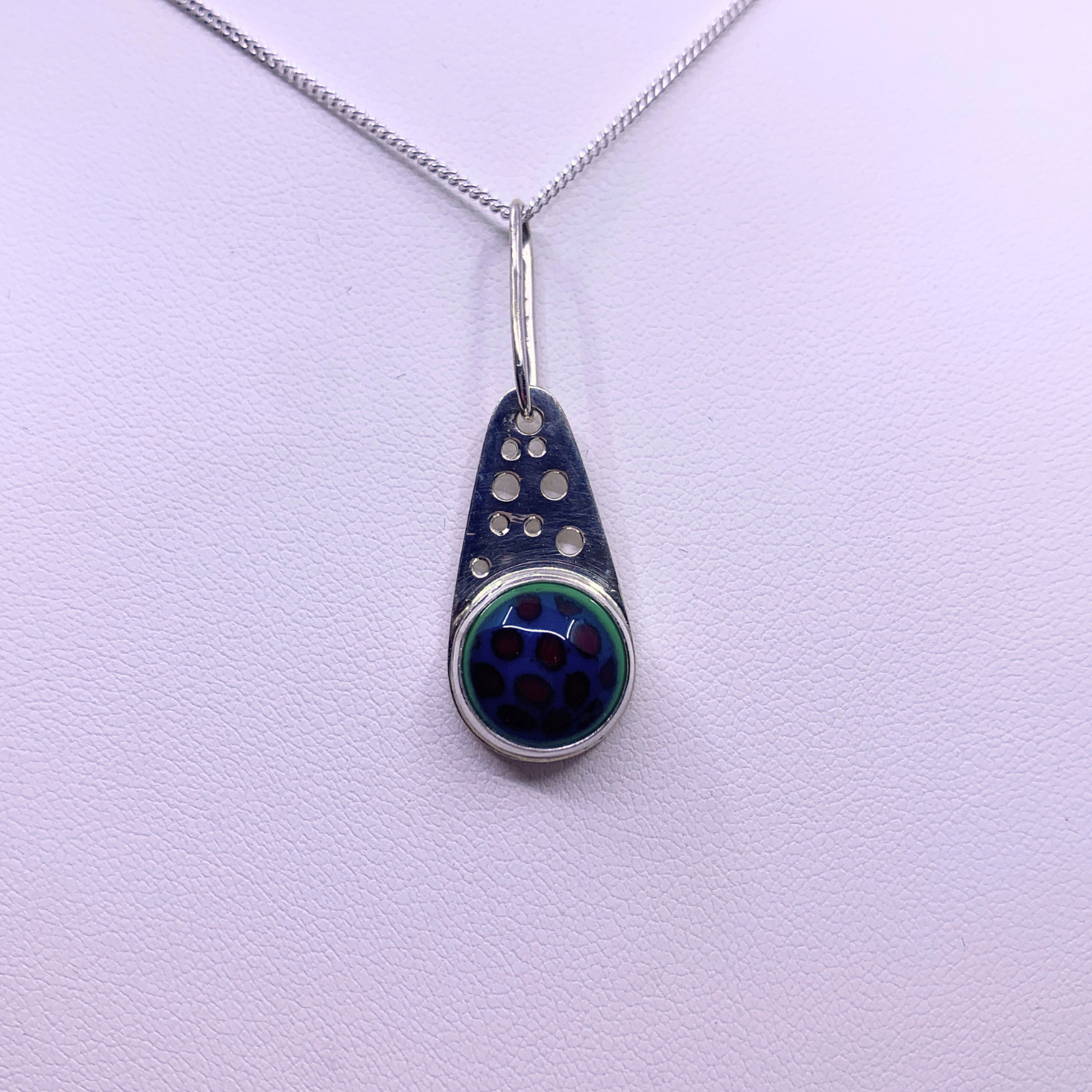 blue and red glass on silver chain 
