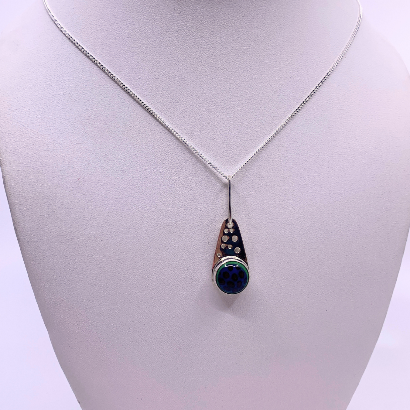 blue and red glass on silver chain 