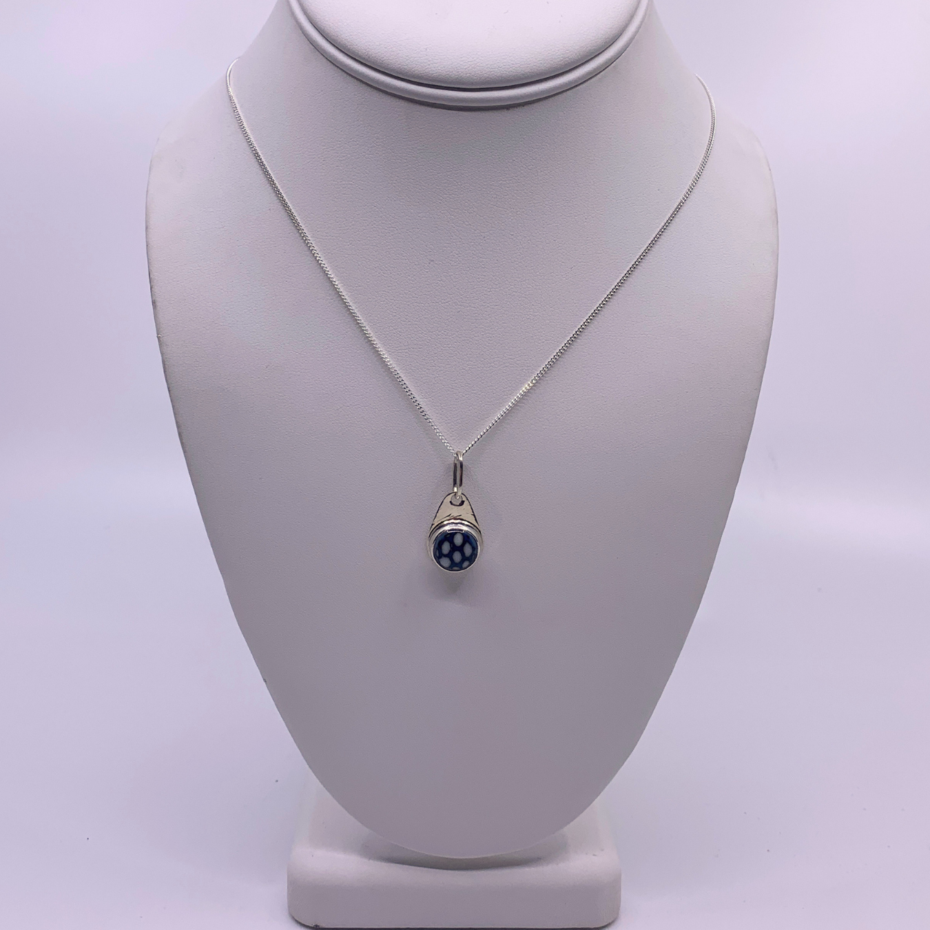 white and blue glass on silver necklace 