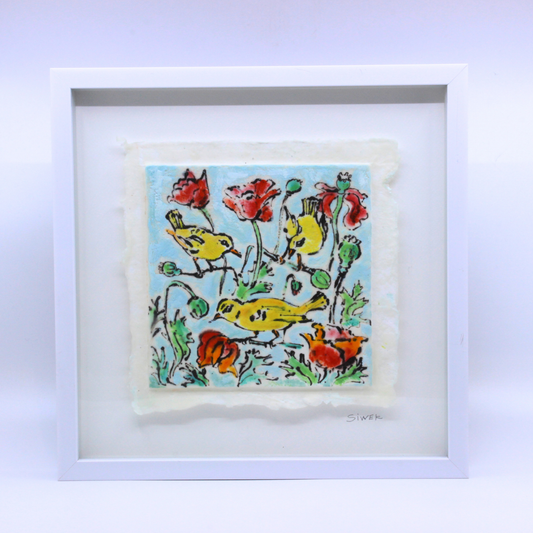Three Warblers and Poppies - Framed Encaustic Painting