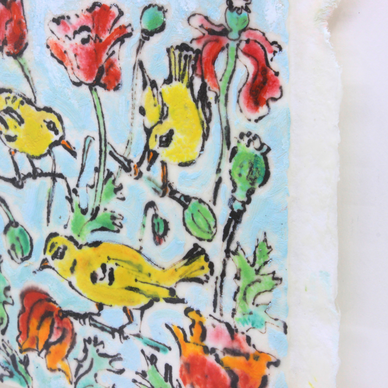 Three Warblers and Poppies - Framed Encaustic Painting