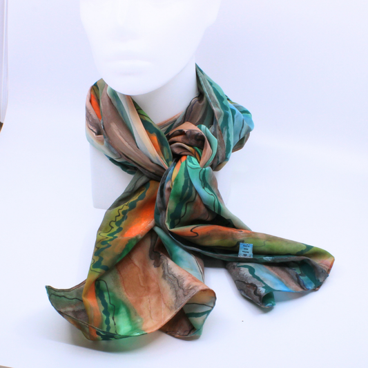 Abstract Linear Teal Orange Taupe Silk Crepe Scarf