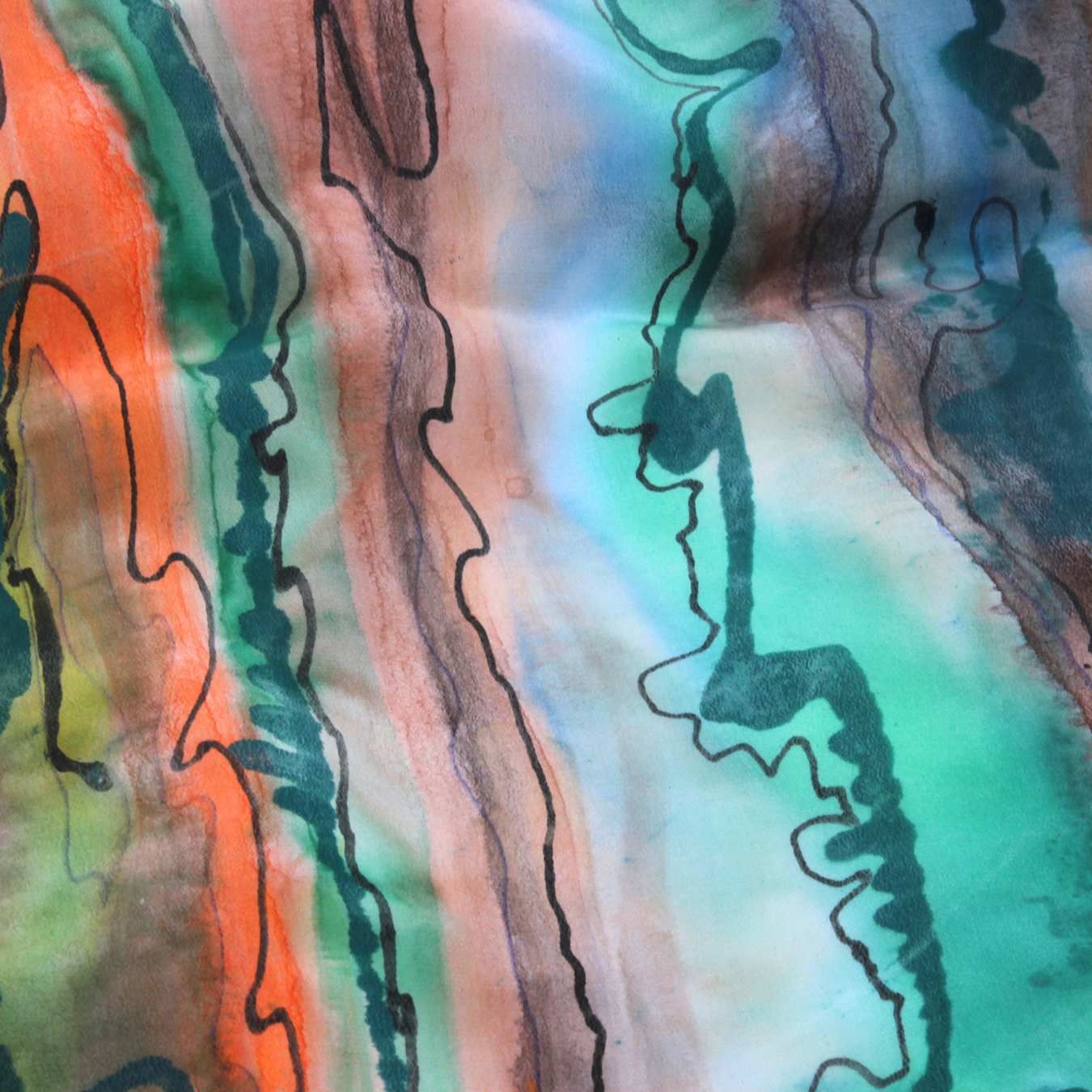 Abstract Linear Teal Orange Taupe Silk Crepe Scarf