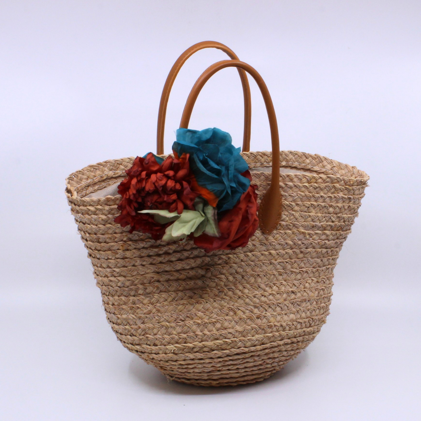 Blue and Red Flower Straw Braid Purse