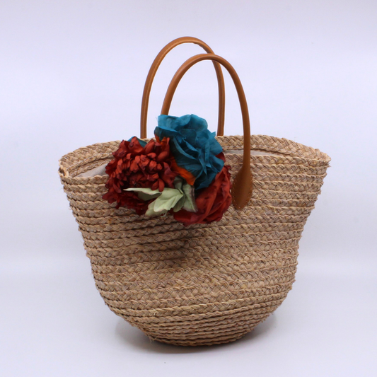 Blue and Red Flower Straw Braid Purse