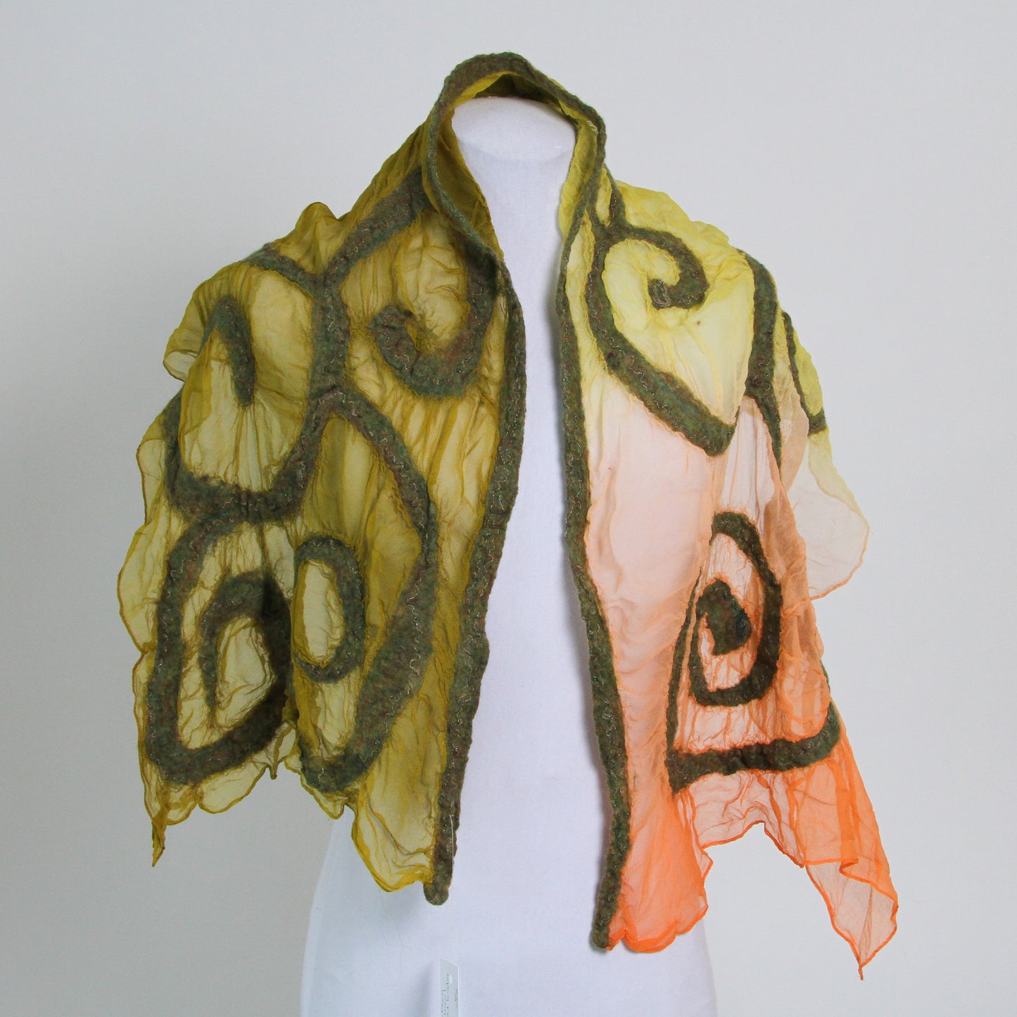 Green and orange gradient scarf with wool swirl detail