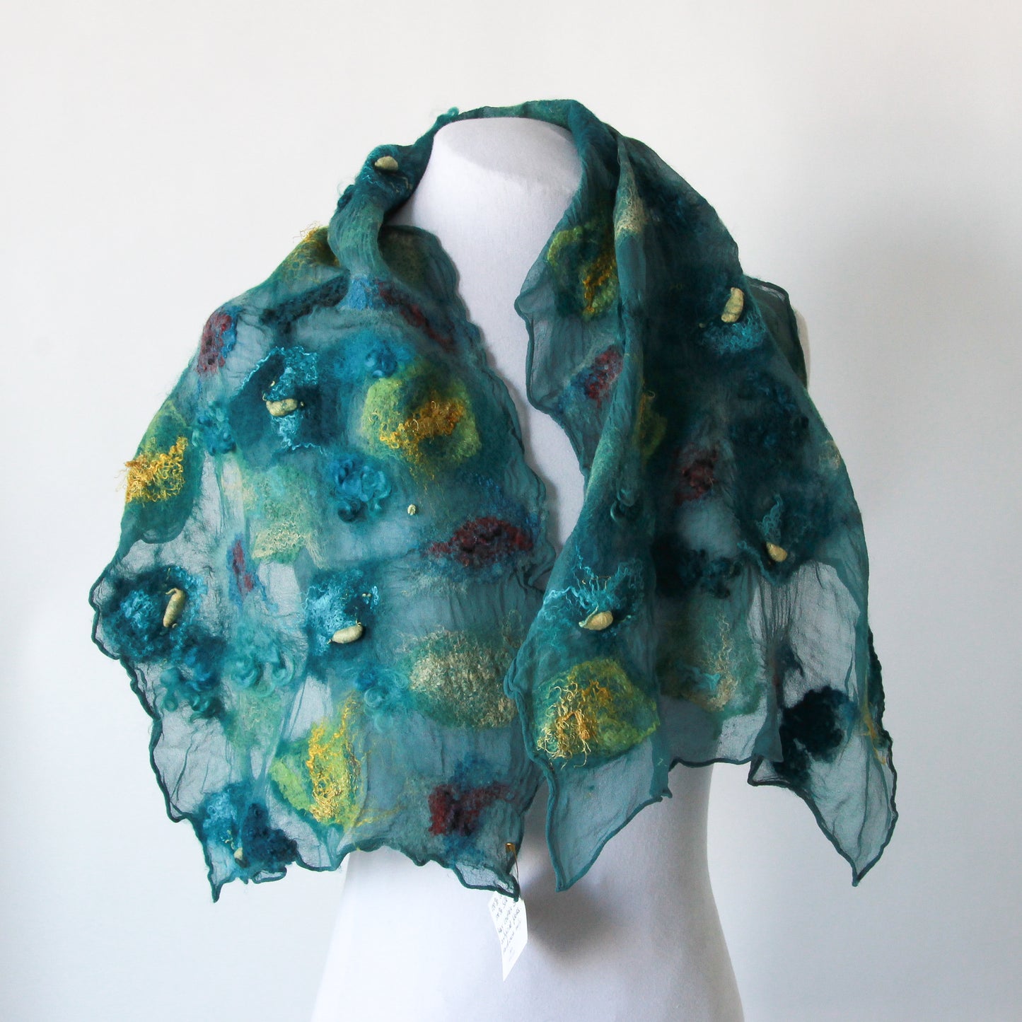 teal and yellow felted scarf