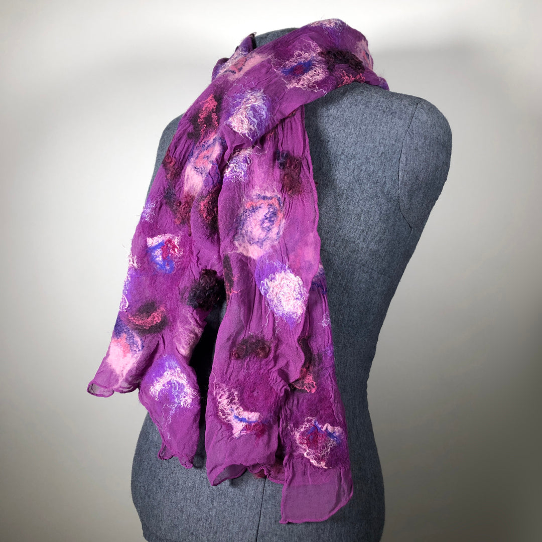 Purple scarf with purple and pink felted sections