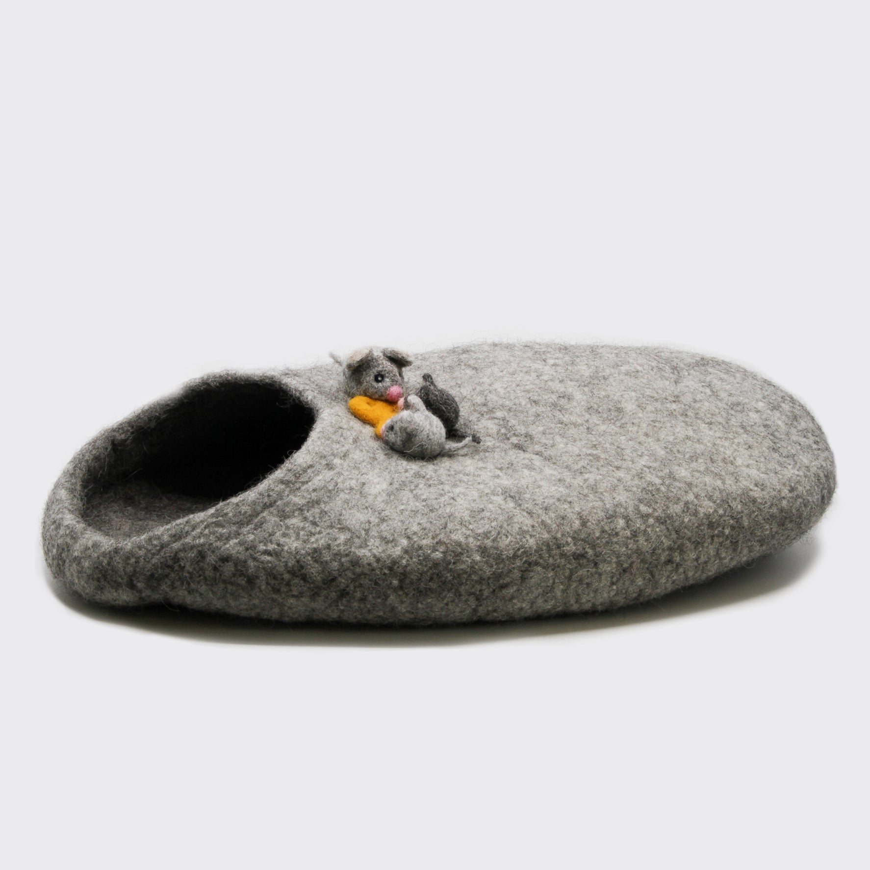 Grey cat house with felted mice