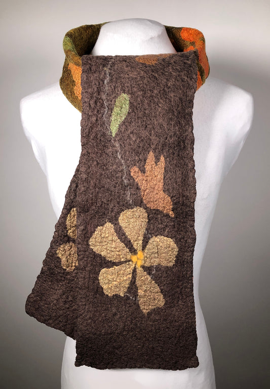 Brown felted scarf with flowers