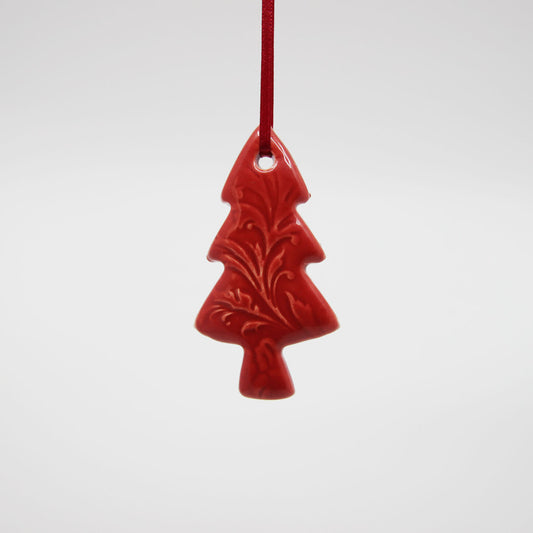 Red tree ornament embossed with floral pattern